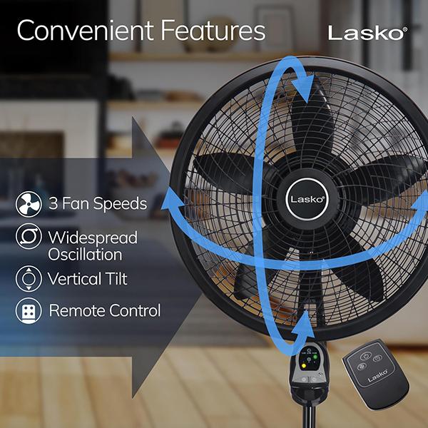 Lasko Oscillating Cyclone Pedestal Fan 1843 - Adjustable Height, Timer, Remote Control, 3 Speeds, for Bedroom, Living Room, Home Office, 18"
