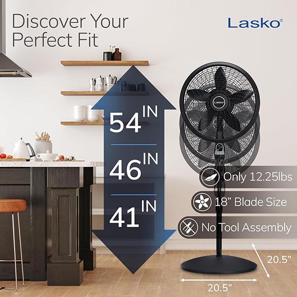 Lasko Oscillating Cyclone Pedestal Fan 1843 - Adjustable Height, Timer, Remote Control, 3 Speeds, for Bedroom, Living Room, Home Office, 18"