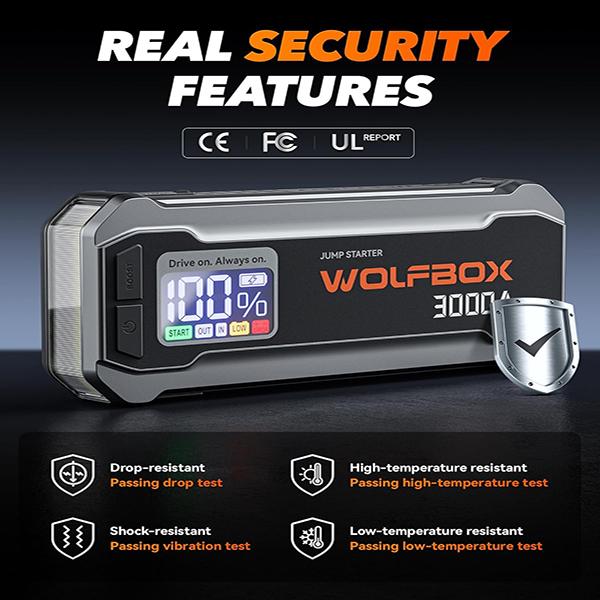 WOLFBOX 3000A Jump Starter - 12V Car Battery Jump Starter, 65W Quick Charge(Adapter Not Included) 16000mAh for 8L Gas 6L Diesel Engine