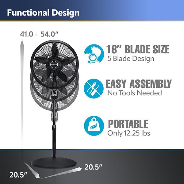 Lasko Oscillating Cyclone Pedestal Fan 1843 - Adjustable Height, Timer, Remote Control, 3 Speeds, for Bedroom, Living Room, Home Office, 18"