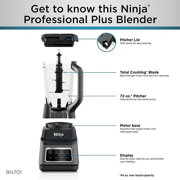 Ninja BN701 Professional Plus Blender - 1400 Peak Watts, 3 Functions for Smoothies, Frozen Drinks & Ice Cream, 72-oz. (Grey)