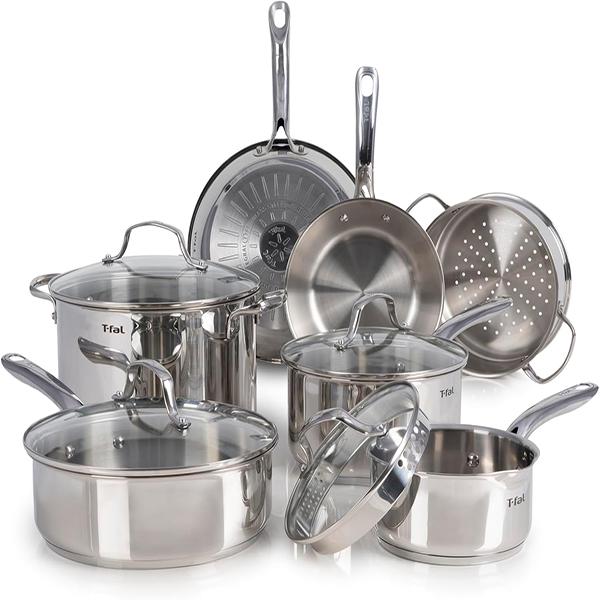 T-fal Stainless Steel Cookware Set 11 Piece Induction - Pots & Pans, Kitchen Cooking Set w/Fry Pans, Saucepans, Saute Pan, Dutch Oven, Steamer (Silver)