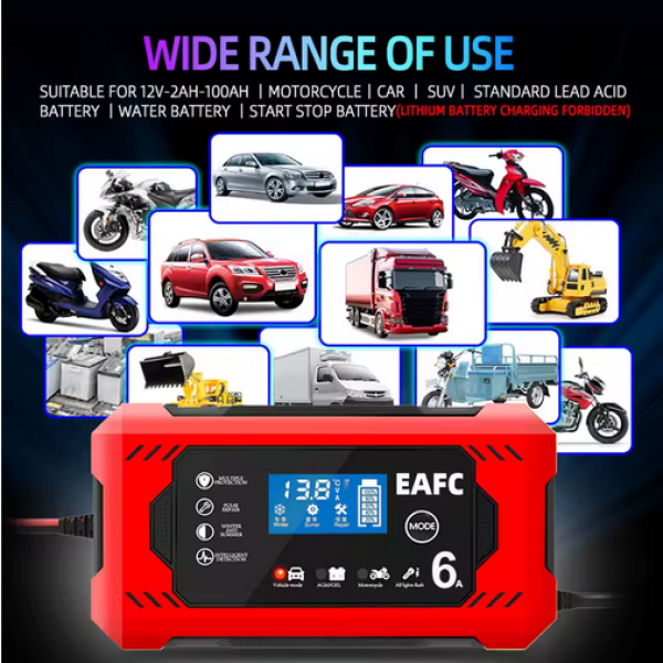 EAFC Car Battery Charger 12V 6A - Intelligent Fast Charging Pulse Full Auto-Stop Dual-Mode
