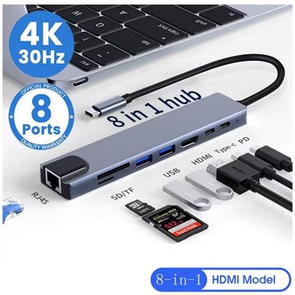 IPUMYNO USB 8-In-1 Hub - USB Type C 3.1 To 4k, HdTV Hub Adapter With SD Tf Rj4, Card Reader, Fast Charge For Macbook Notebook Computer