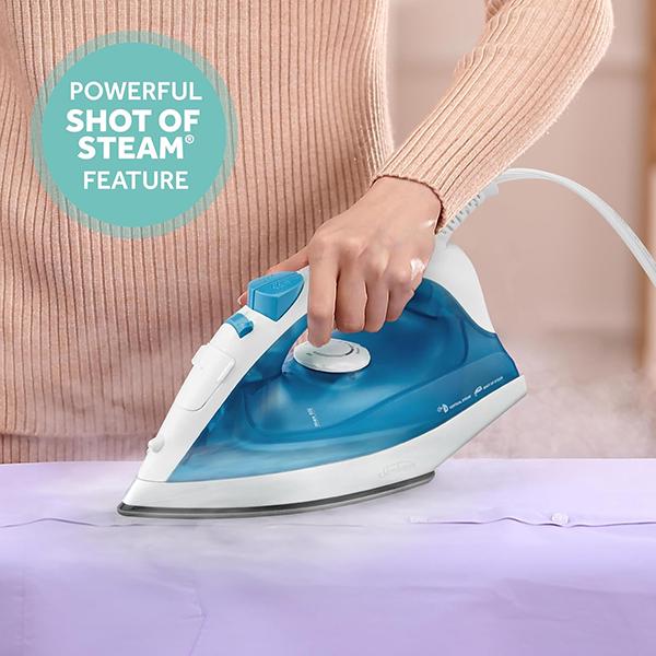 Sunbeam Compact Steam Iron - 1200 Watts, Non-Stick Soleplate, Powerful Shot of Steam, Horizontal or Vertical, Spray Mist, (White/Blue)