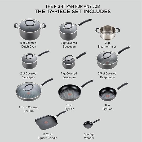 T-fal Ultimate Hard Anodized Nonstick Cookware Set 17 Piece - Oven Broiler Safe 400F, Kitchen Cooking Set w/Fry Pans, Saucepans, Saute Pan, Griddle, Pots & Pans, Dishwasher Safe (Black)
