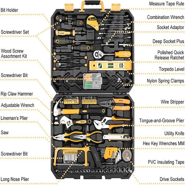 DEKOPRO 228 Piece Socket Wrench Auto Repair Tool Combination Package - Mixed Tool Set, Hand Tool Kit with Plastic Toolbox Storage Case