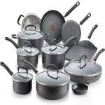 T-fal Ultimate Hard Anodized Nonstick Cookware Set 17 Piece - Oven Broiler Safe 400F, Kitchen Cooking Set w/Fry Pans, Saucepans, Saute Pan, Griddle, Pots & Pans, Dishwasher Safe (Black)