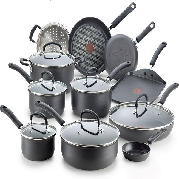 T-fal Ultimate Hard Anodized Nonstick Cookware Set 17 Piece - Oven Broiler Safe 400F, Kitchen Cooking Set w/Fry Pans, Saucepans, Saute Pan, Griddle, Pots & Pans, Dishwasher Safe (Black)