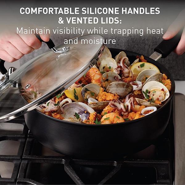 T-fal Ultimate Hard Anodized Nonstick Cookware Set 17 Piece - Oven Broiler Safe 400F, Kitchen Cooking Set w/Fry Pans, Saucepans, Saute Pan, Griddle, Pots & Pans, Dishwasher Safe (Black)