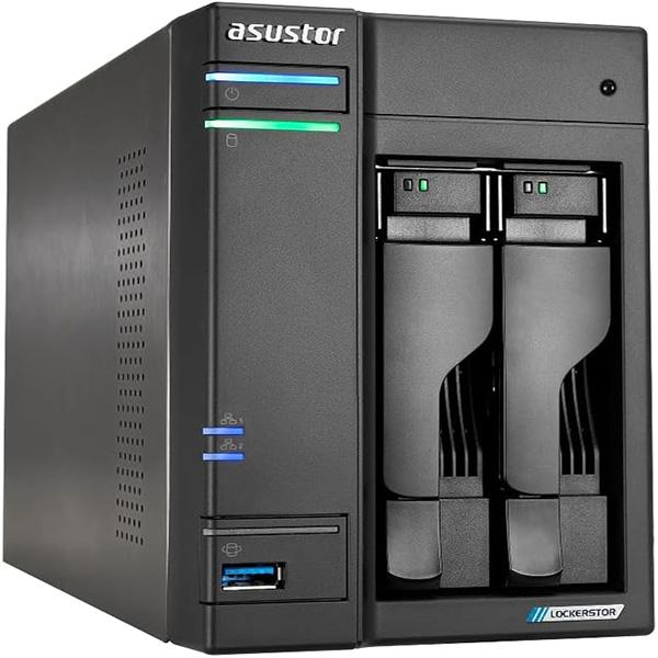 Asustor Lockerstor 2 Gen2 AS6702T Network Attached Storage - 2 Bay NAS, Quad-Core 2.0 GHz CPU, 4x M.2 NVMe slots (PCIe 3.0), Dual 2.5GbE, 4GB DDR4 RAM (10TB)