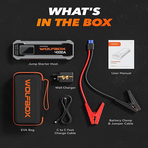 WOLFBOX 4000A Jump Starter - 12V Car Battery Jump Starter with 65W Quick Charger, LED Display, 24000mAh