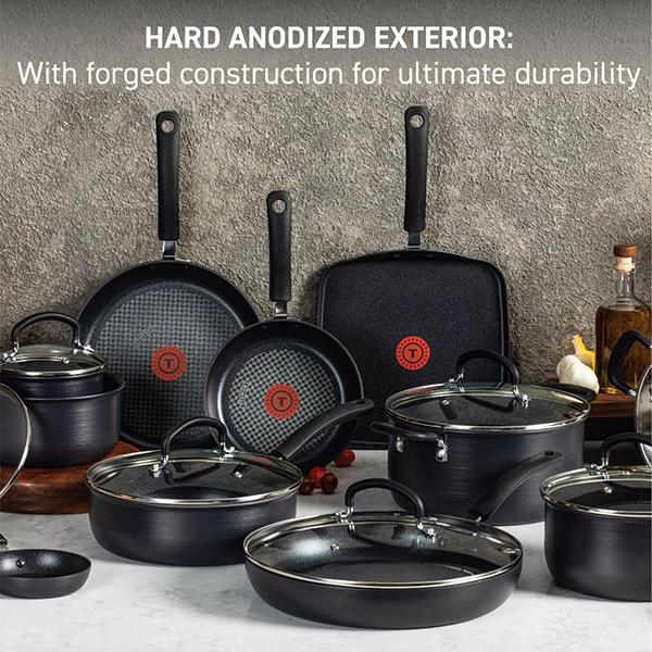 T-fal Ultimate Hard Anodized Nonstick Cookware Set 17 Piece - Oven Broiler Safe 400F, Kitchen Cooking Set w/Fry Pans, Saucepans, Saute Pan, Griddle, Pots & Pans, Dishwasher Safe (Black)
