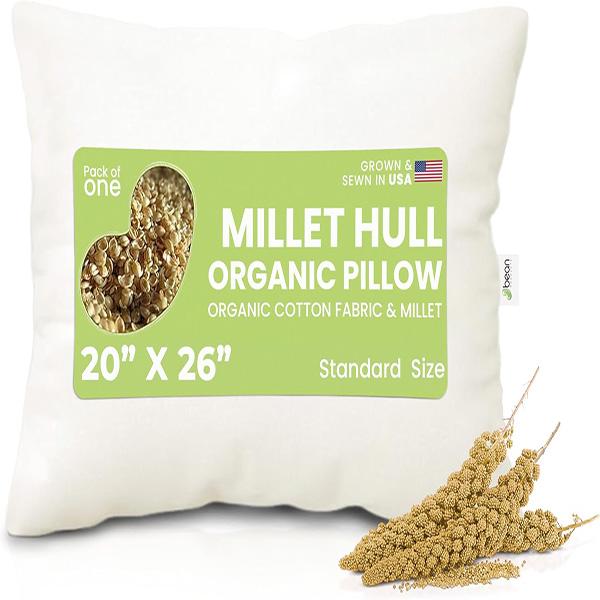 Bean Products Bed Pillow For Sleeping – Organic Millet Fill with Organic Cotton Fabric, Soft Head Pillow, Eco-Friendly, Breathable, and Durable Sleep Aid, Made in The USA