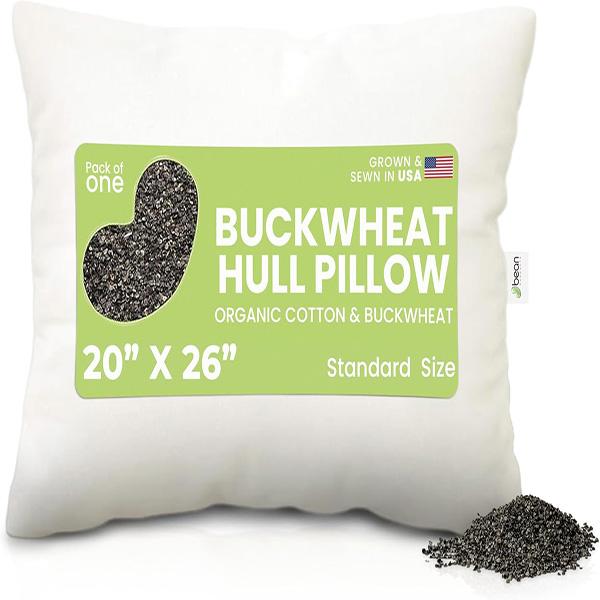 Bean Products Bed Pillow for Sleeping – Organic Buckwheat Fill with Organic Cotton Fabric, Eco-Friendly, Breathable and Durable Sleep Aid